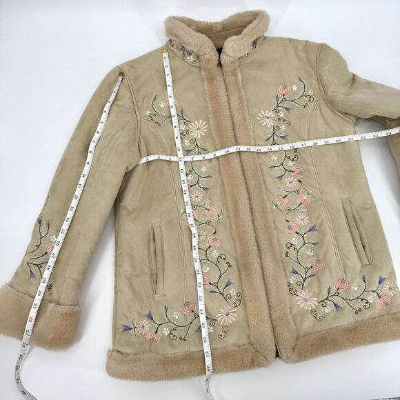 Embroidered Floral Faux Vegan Suede Sherpa Lined Boho Western Jacket Coat LARGE - Picture 9 of 11